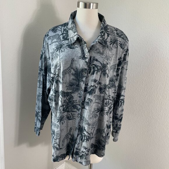 Jane Delancey Womens Plus 3X Button Up Shirt Gray Jungle Print Long Sleeve Top - Picture 1 of 9